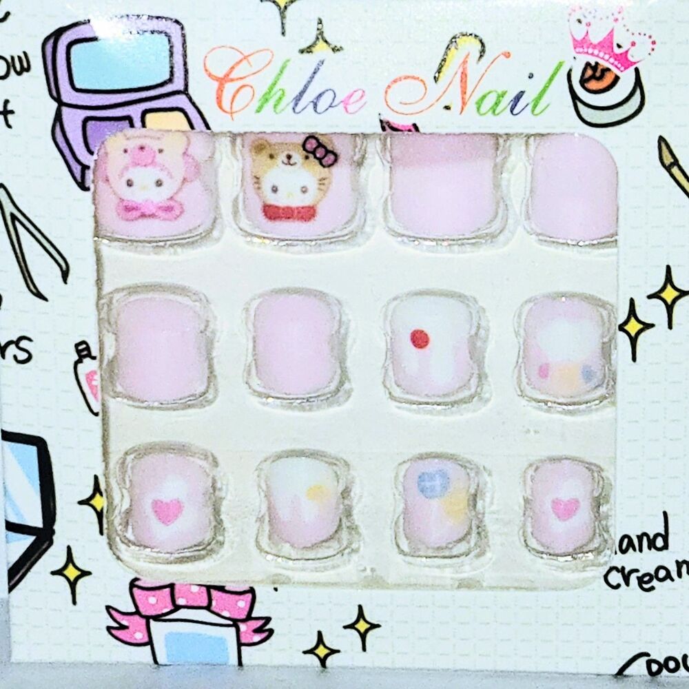 PRESS ON NAILS Hello Kitty HK 3D Art For Kids *12 Nails Set* with Glue NEW NIB